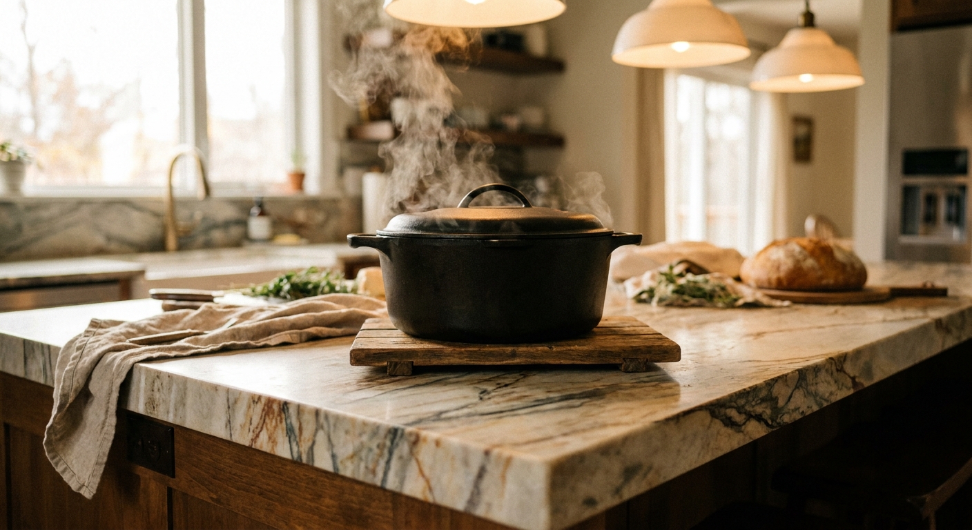 A real photo of a wooden trivet holding a hot Dutch oven on a quartzite countertop, with natural stone veining visible and soft kitchen lighting