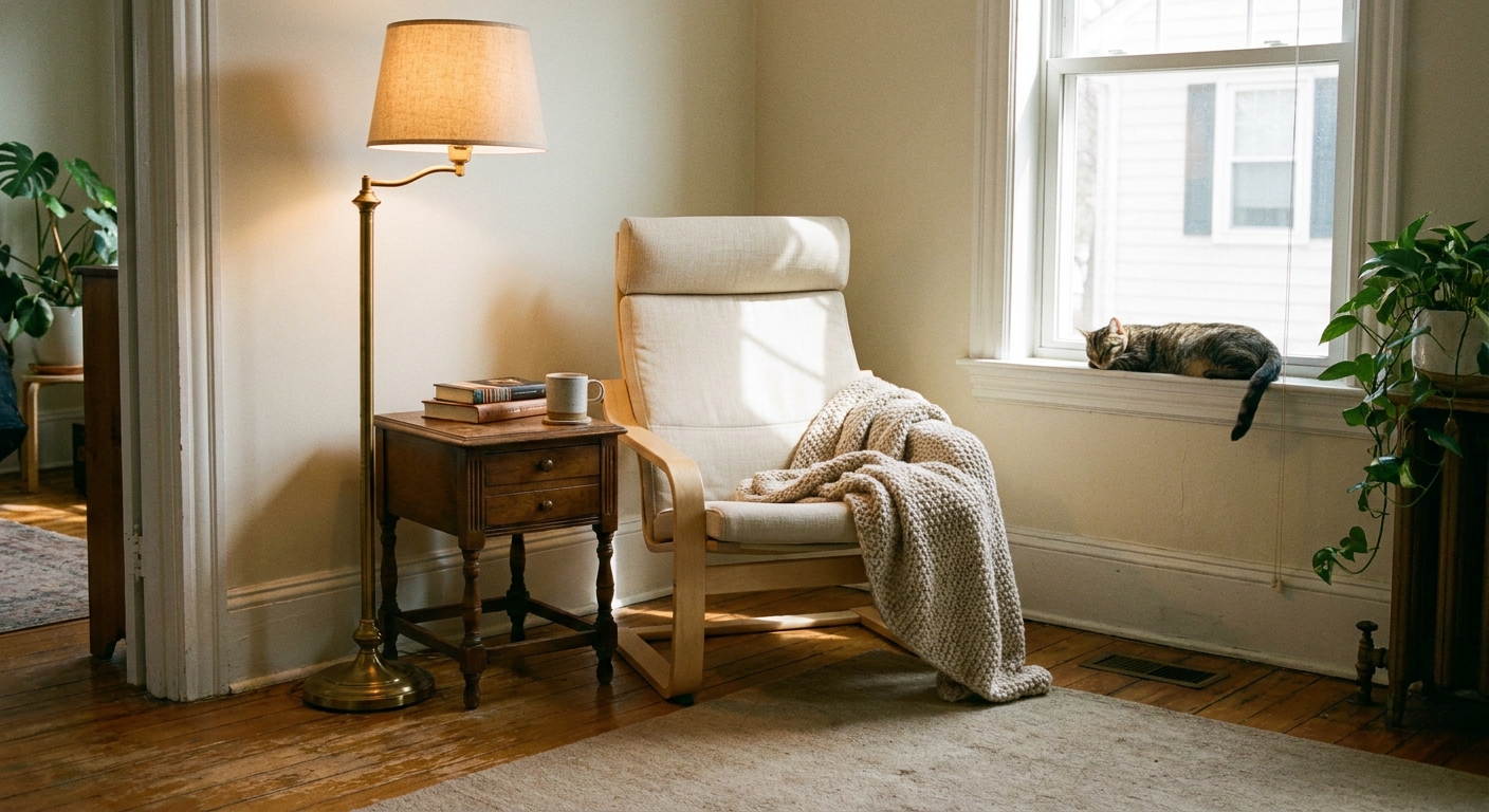 A real photo of an IKEA POÄNG chair styled in a cozy reading corner with a vintage brass floor lamp, a small side table, and a neutral throw blanket