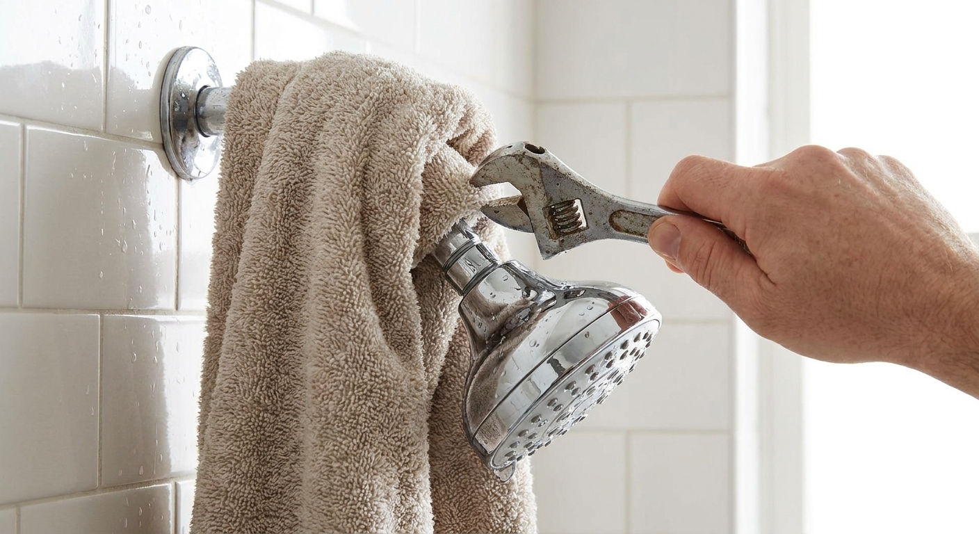 A real photo of an adjustable wrench tightening a shower head connection with a soft cloth protecting the metal finish