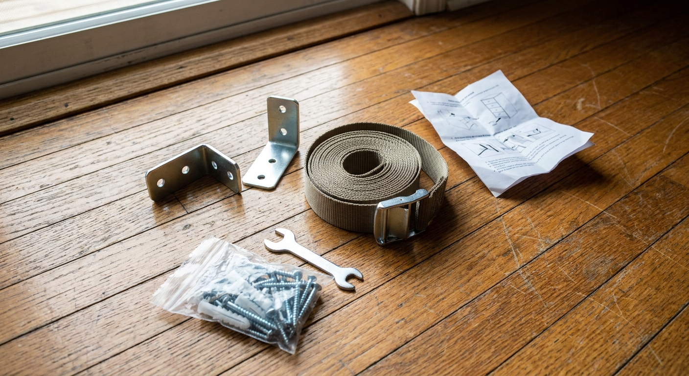A real photo of an anti-tip furniture strap kit laid out on a wooden floor, showing metal L brackets, screws, wall anchors, and a nylon strap