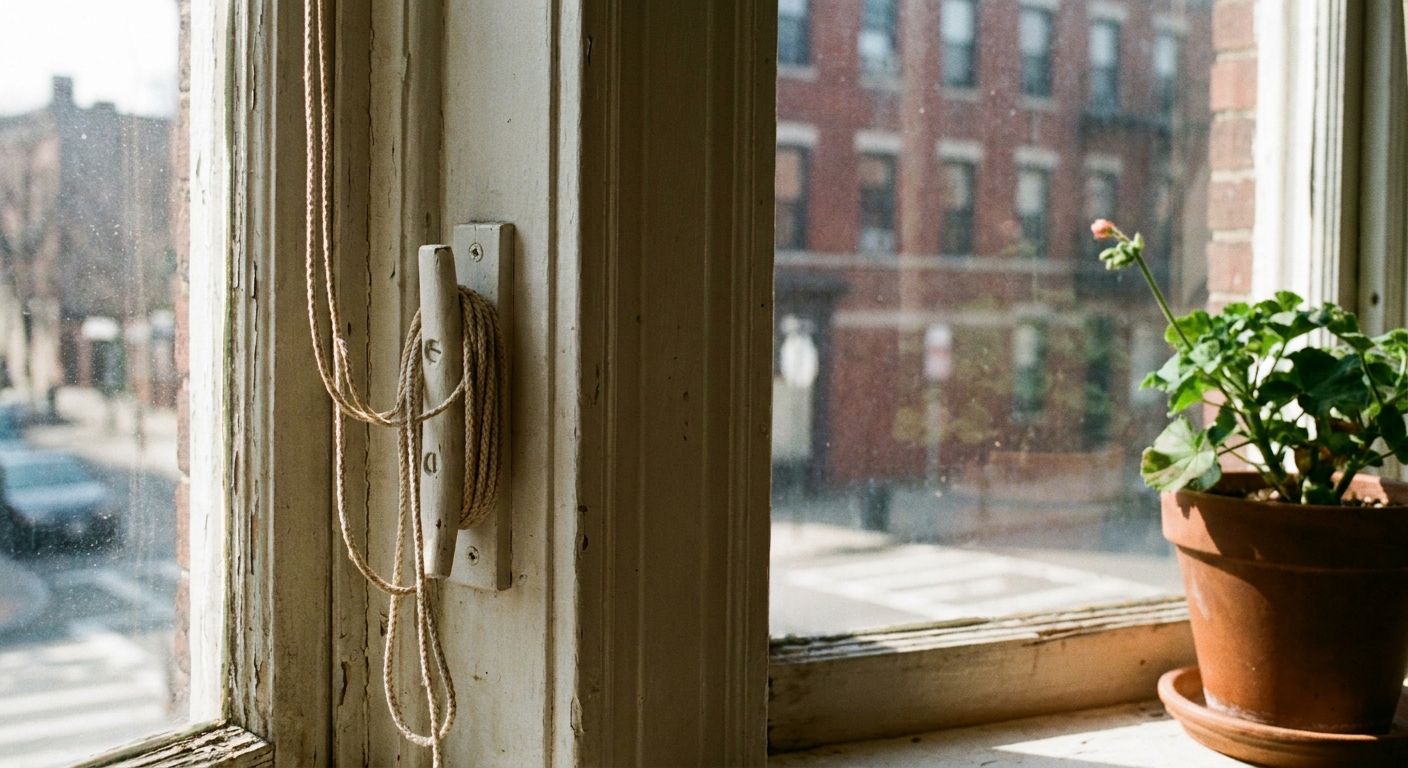 A real photo of an apartment window with mini blind cords wrapped neatly around a small white cord cleat attached beside the window