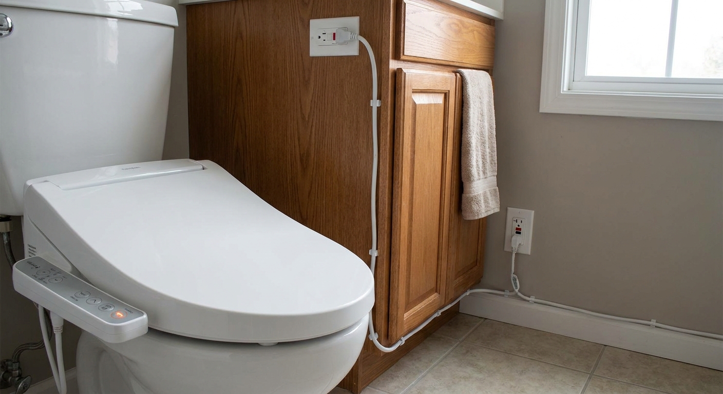 A real photo of an electric bidet toilet seat with its power cord plugged into a bathroom GFCI outlet next to a vanity, with the cord neatly routed