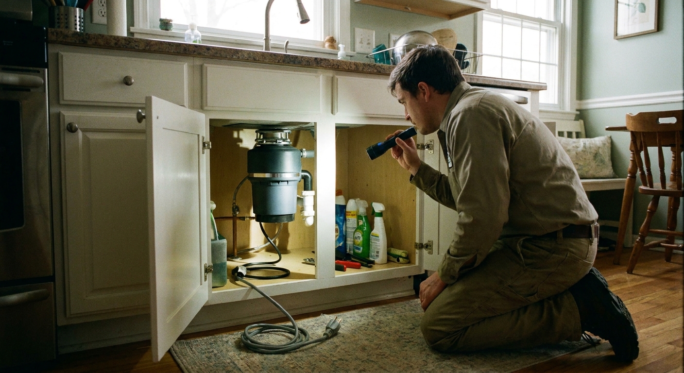 A real photo of an open under-sink cabinet with a garbage disposal mounted to the sink, a person kneeling nearby with a flashlight and an unplugged power cord visible
