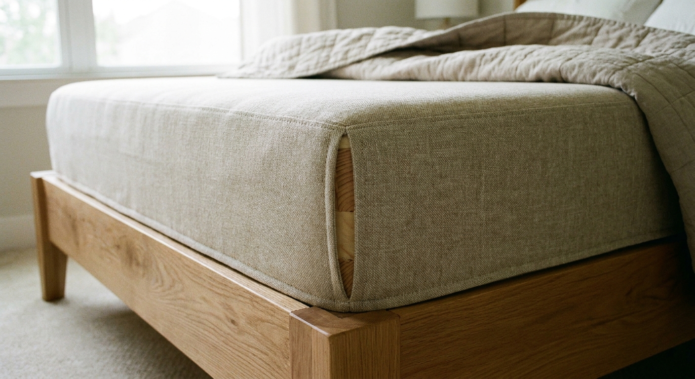 A real photo of an upholstered mattress foundation on a bed frame, showing the firm edge and corner construction in soft indoor light