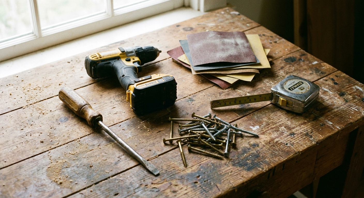 A real photo of basic household tools laid on a wooden table: screwdriver, drill, sandpaper, tape measure, and a small pile of wood screws