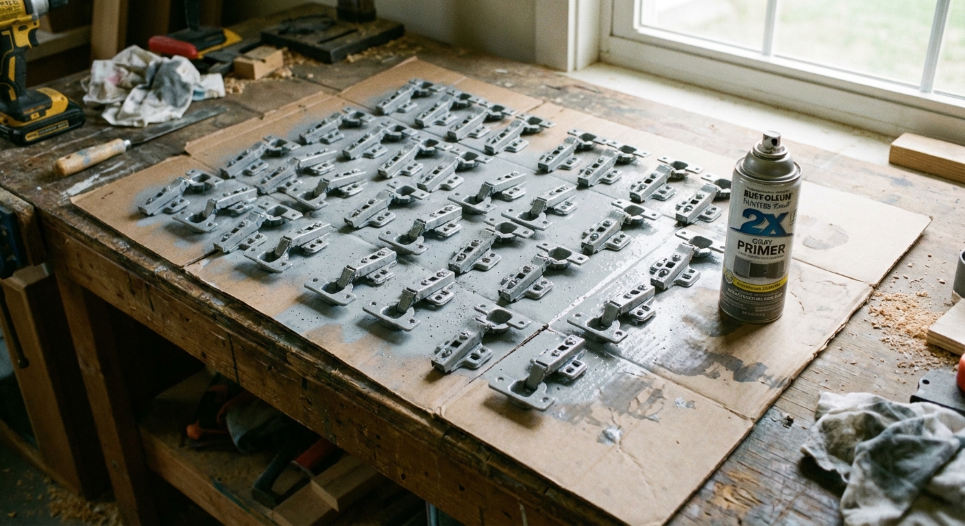 A real photo of cabinet hinges laid on a work table on cardboard, freshly misted with gray primer, with a spray primer can nearby
