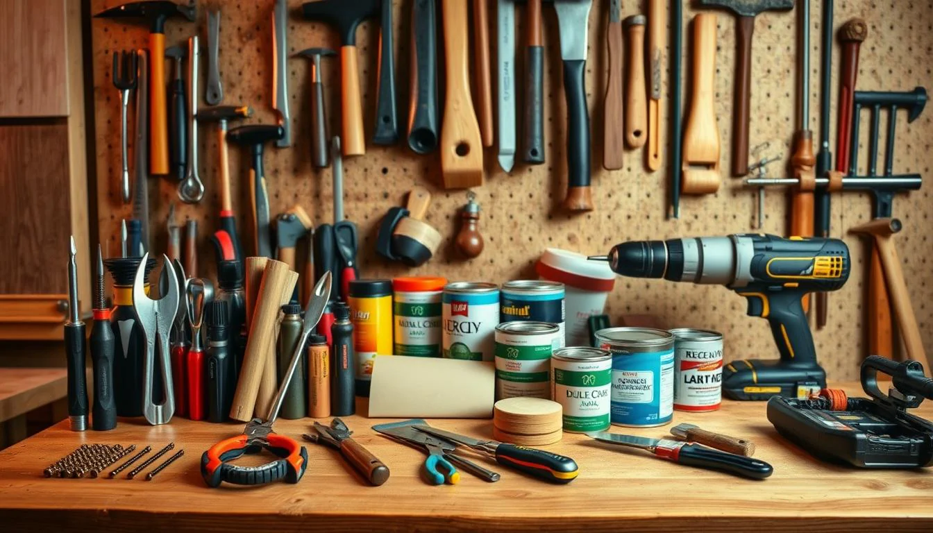 A real photo of cabinet repair tools laid out on a kitchen counter, including a screwdriver, wood glue, toothpicks, and thin shims