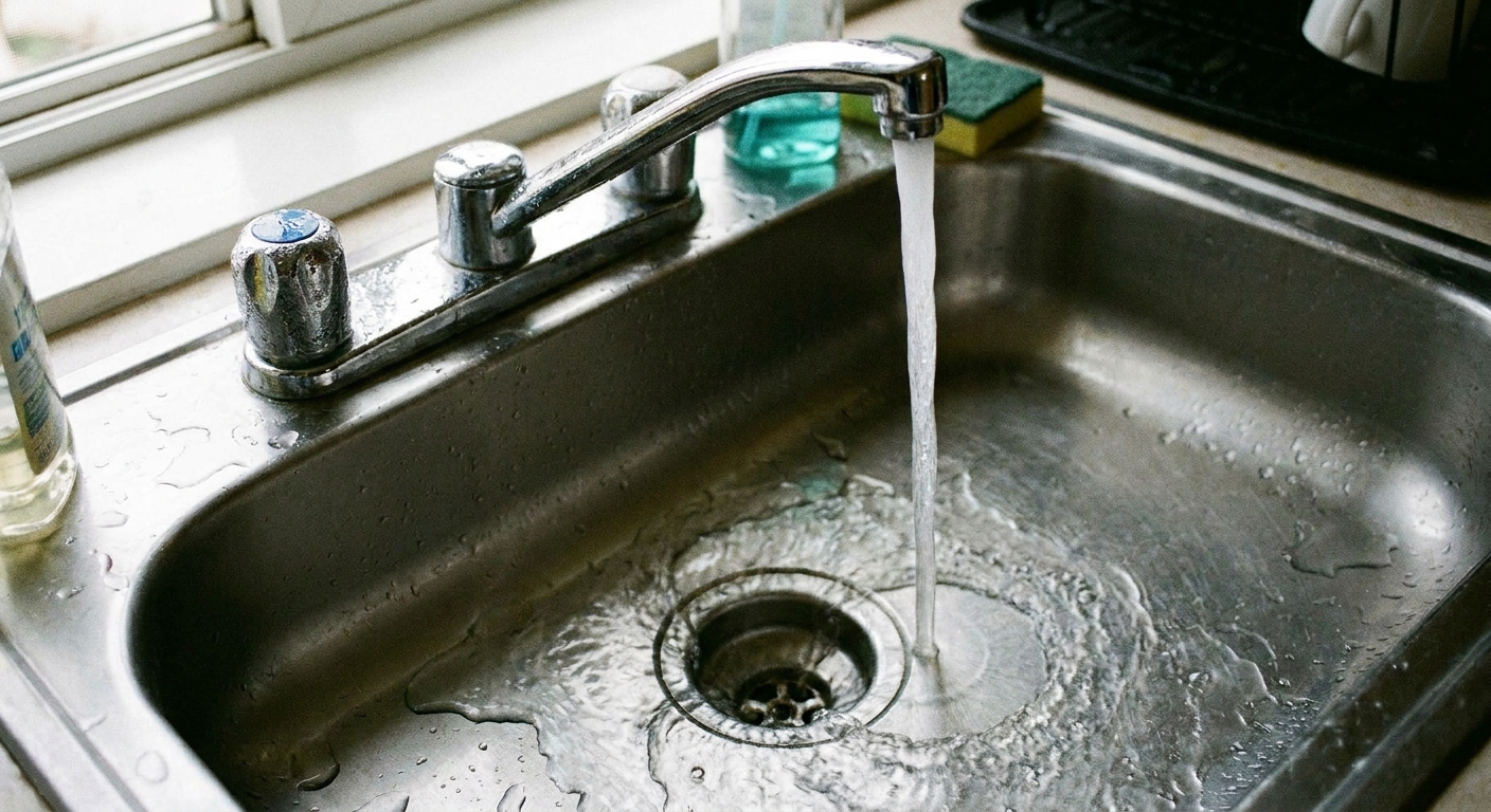 A real photo of cold water running from a kitchen faucet into a stainless steel sink with the drain open