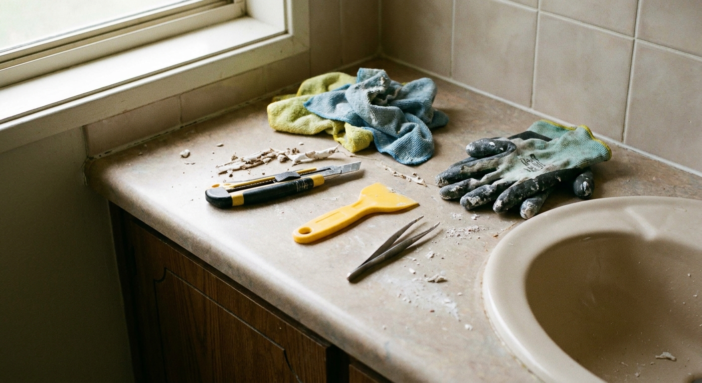 A real photo of common caulk removal tools laid on a bathroom counter, including a utility knife, plastic scraper, tweezers, gloves, and microfiber cloths