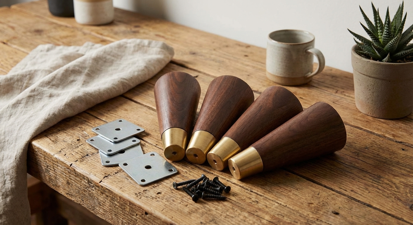 A real photo of four wooden tapered furniture legs beside metal mounting plates and screws laid out on a work table
