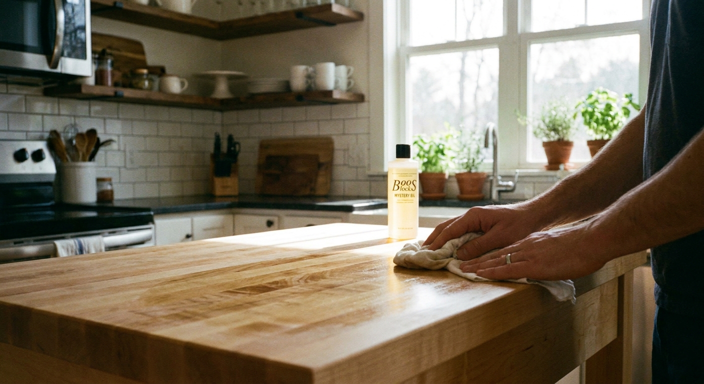 A real photo of hands applying mineral oil to a light maple butcher block countertop with a soft cloth in a bright kitchen