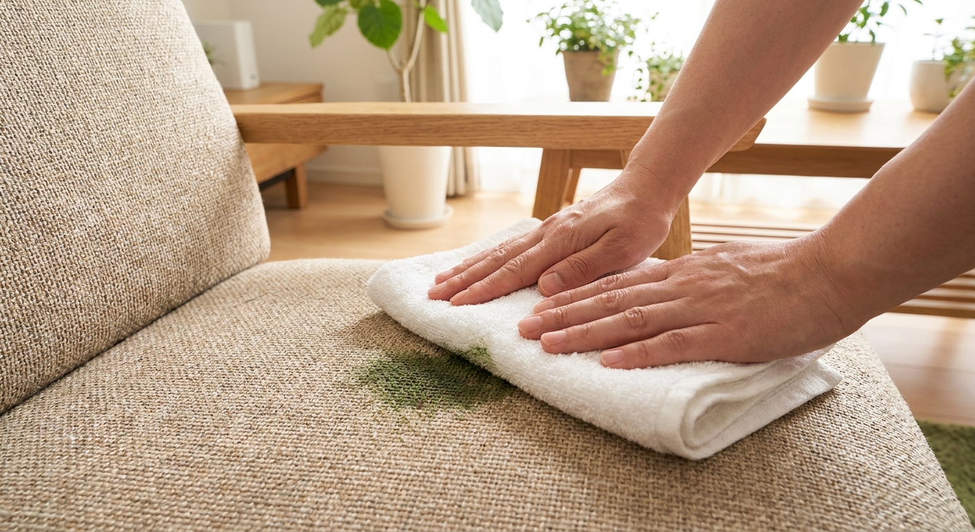 A real photo of hands blotting a green grass stain on a textured fabric chair cushion using a folded white towel, with the hand pressing straight down rather than scrubbing