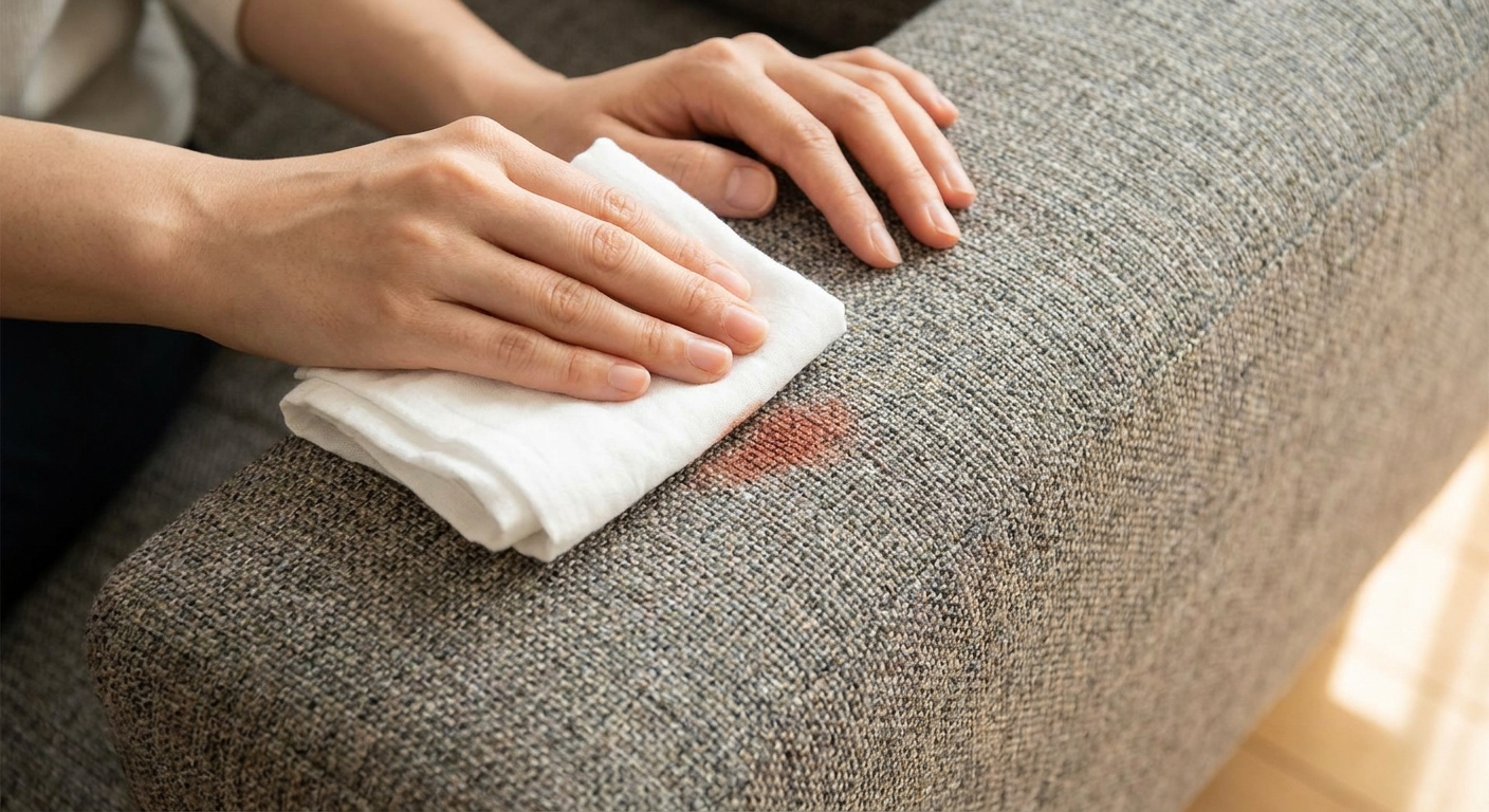 A real photo of hands blotting a small makeup stain on a textured fabric sofa arm with a folded white cloth, showing gentle pressing rather than rubbing