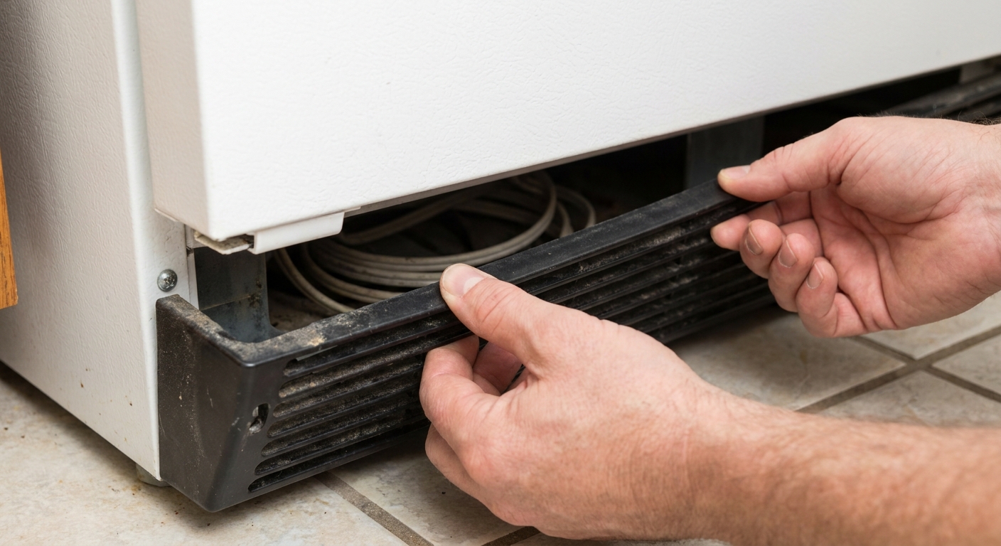 A real photo of hands gently pulling off a refrigerator bottom toe kick grille to access the area underneath, close-up view