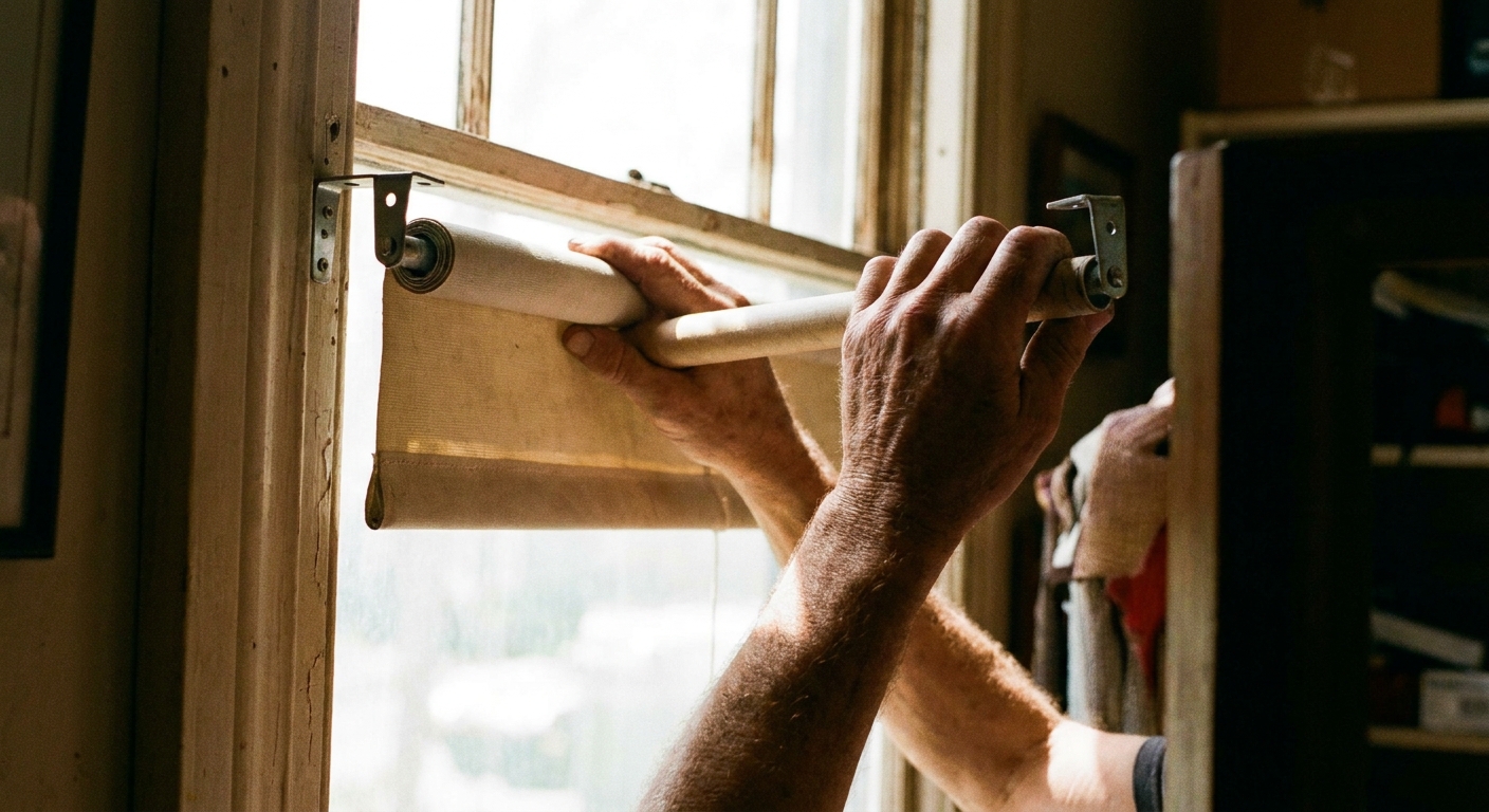 A real photo of hands holding a spring roller shade tube near metal brackets at the top of a window, mid-adjustment