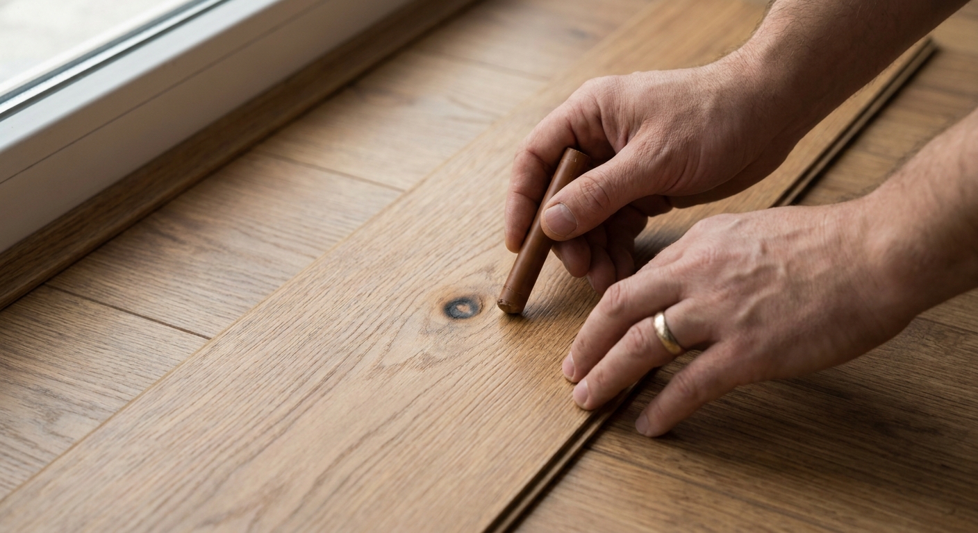 A real photo of hands holding a wax fill stick over a warm-toned laminate floor plank near a small dark scorch mark, soft indoor light