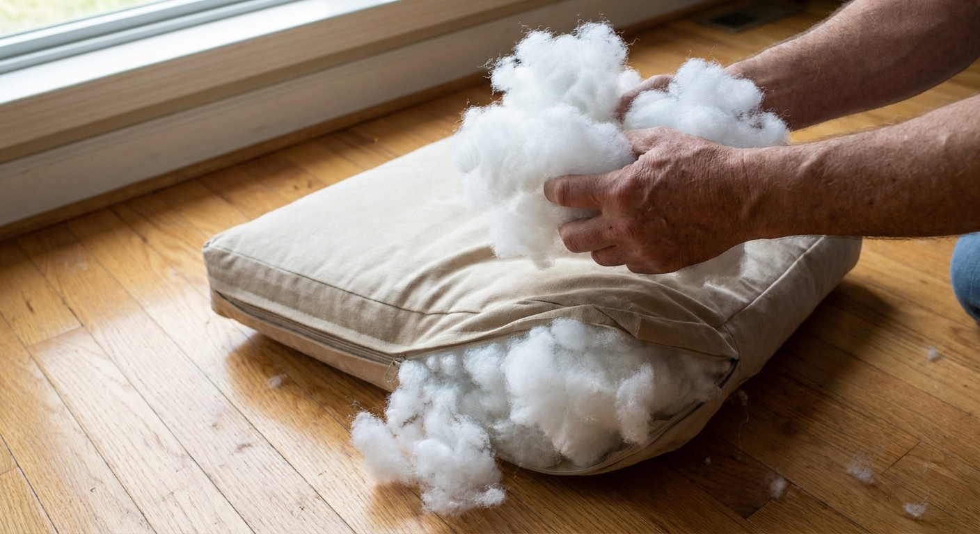 A real photo of hands holding fluffy polyfill pulled from an open sofa back cushion insert on a clean hardwood floor