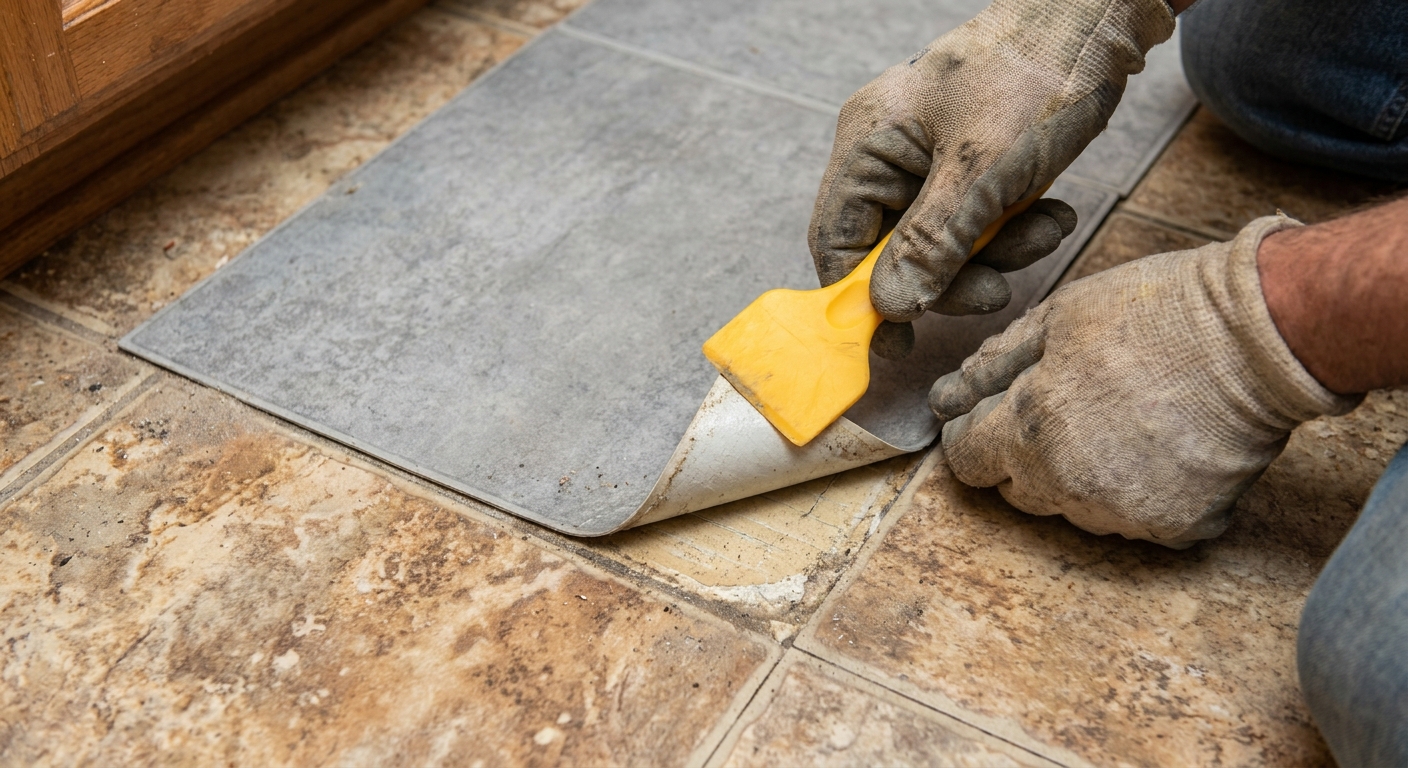 A real photo of hands lifting a peel-and-stick floor tile corner with a plastic scraper on top of an older ceramic tile floor