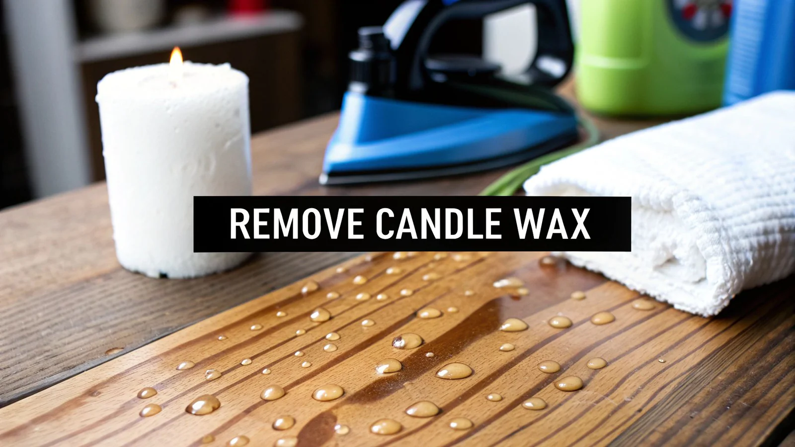 A real photo of hands lifting candle wax from a fabric couch using plain brown paper and a warm iron set on low, with the wax transferring into the paper