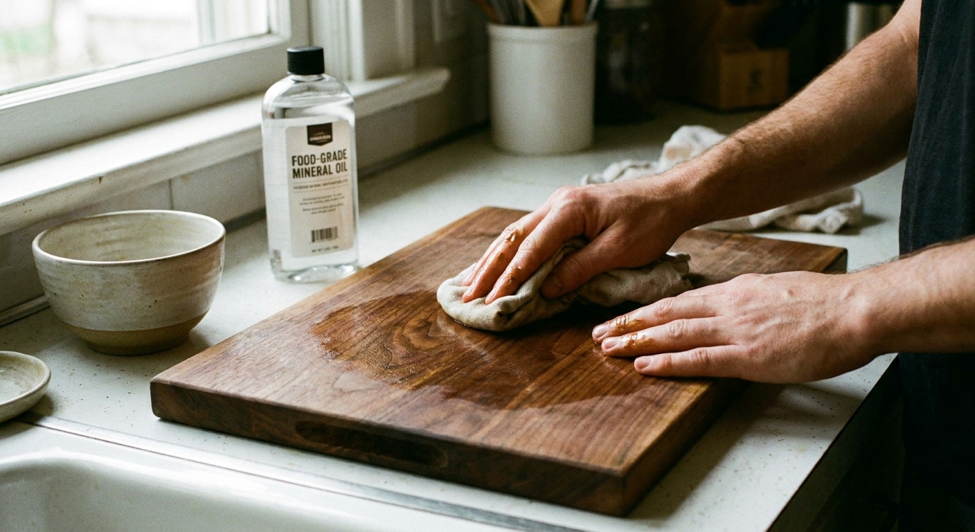 A real photo of hands rubbing food-grade mineral oil into a wooden cutting board with a soft cloth on a kitchen counter