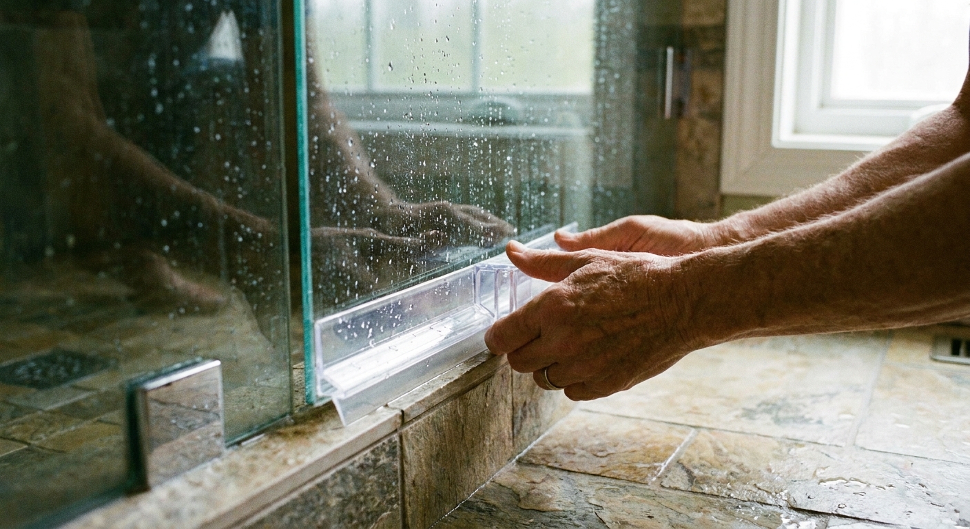 A real photo of hands sliding a clear clamp-on sweep onto the bottom edge of a frameless glass shower door