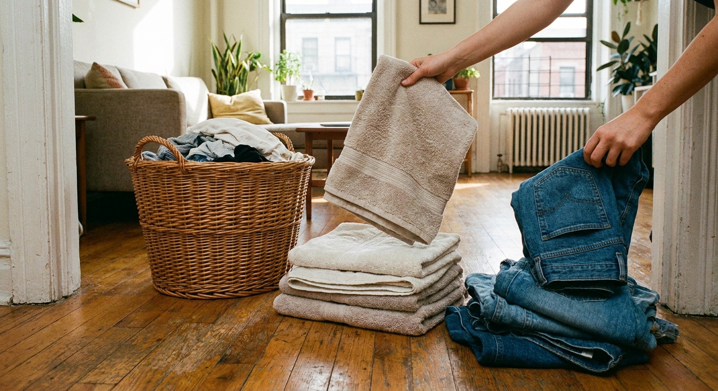 A real photo of hands sorting towels and jeans into separate piles next to a laundry basket in an apartment