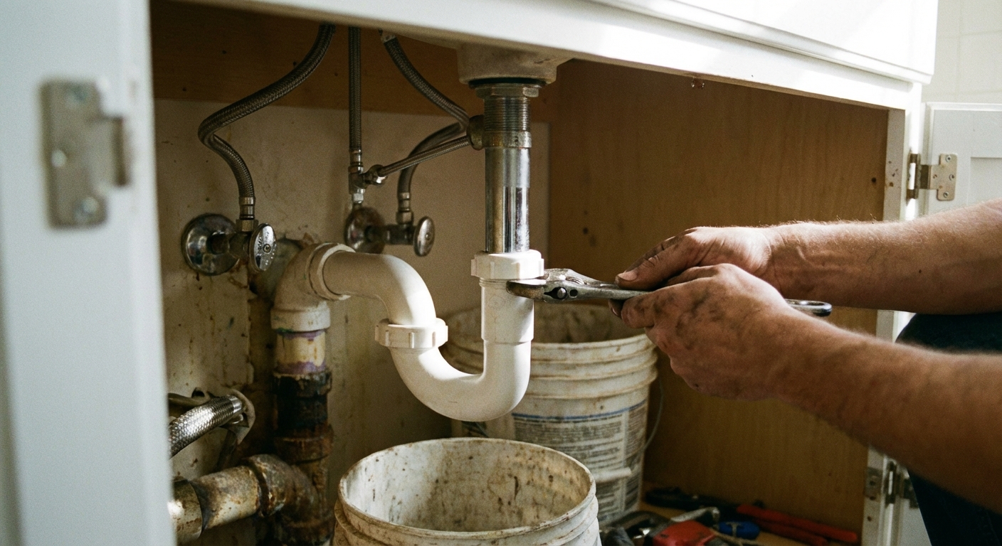 A real photo of hands tightening a bathroom sink P-trap under a vanity, with visible drain pipe and supply lines