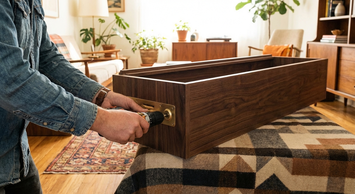 A real photo of hands using a drill to attach a metal mounting plate to the underside of a bookshelf on a blanket-covered floor