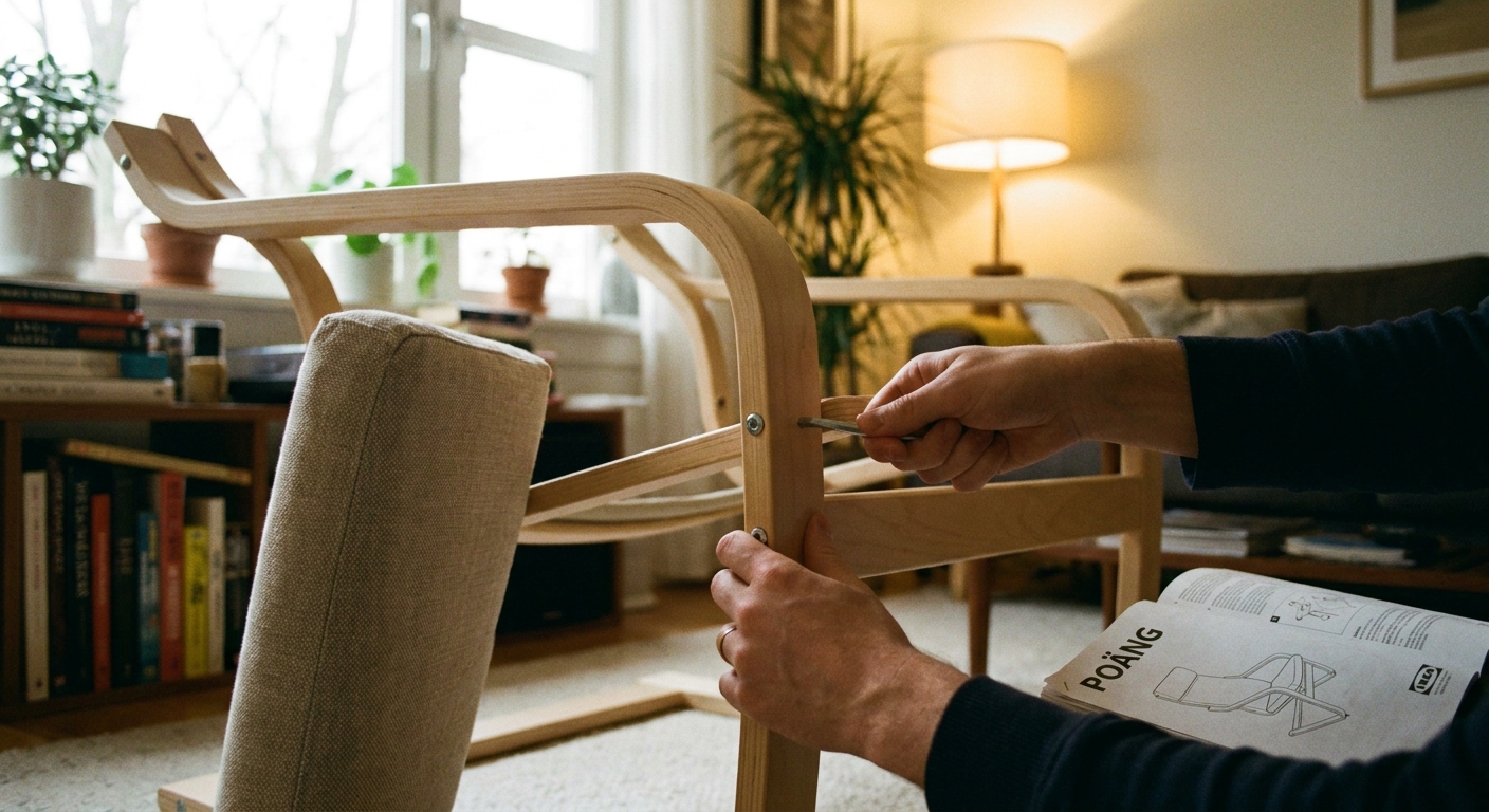 A real photo of hands using a hex key to tighten the side bolts on an IKEA POÄNG chair frame in a softly lit living room