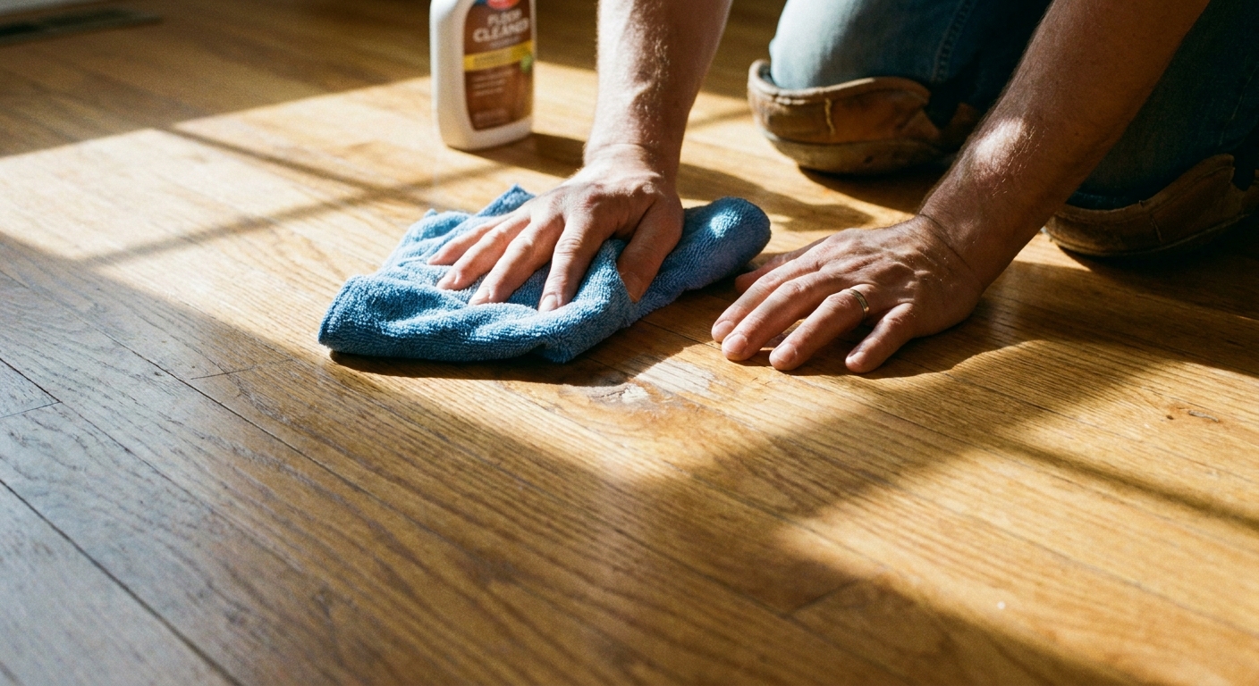A real photo of hands using a soft microfiber cloth to gently buff a small spot on a medium-toned hardwood floor with sunlight streaking across the boards