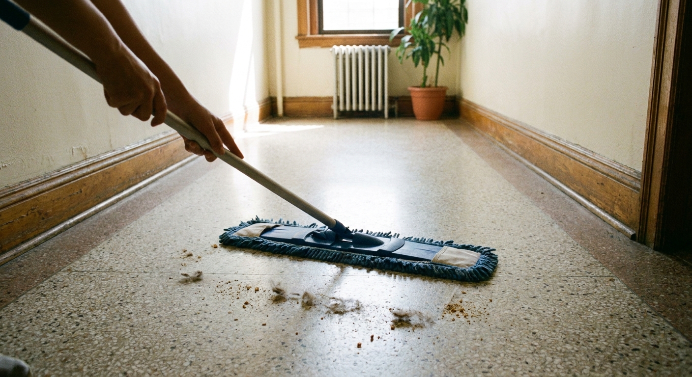A real photo of hands using a wide microfiber dust mop on a light-speckled terrazzo hallway floor in an apartment building