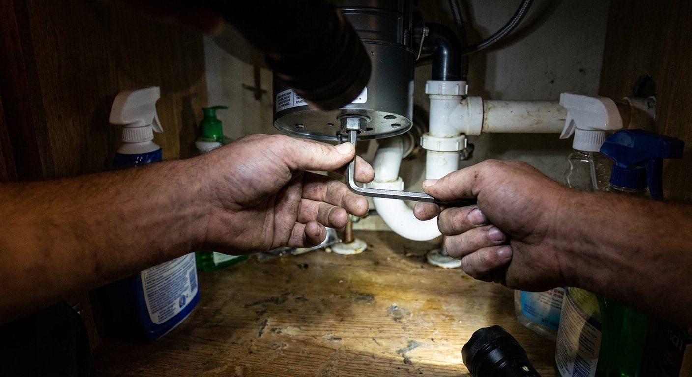 A real photo of hands using an Allen wrench in the bottom socket of a garbage disposal under a kitchen sink