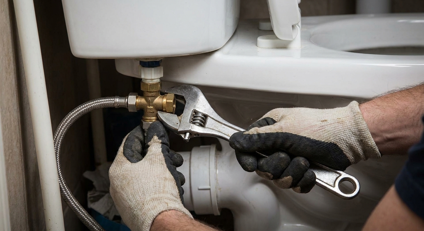A real photo of hands using an adjustable wrench to gently tighten a bidet T-valve connection under a toilet tank, with the braided supply line visible