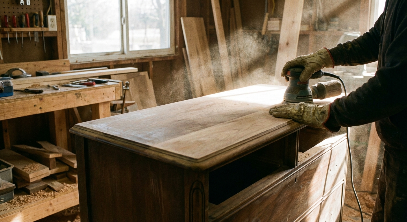 A real photo of hands using an orbital sander on the top of a wooden dresser in a workshop, fine dust visible in the light