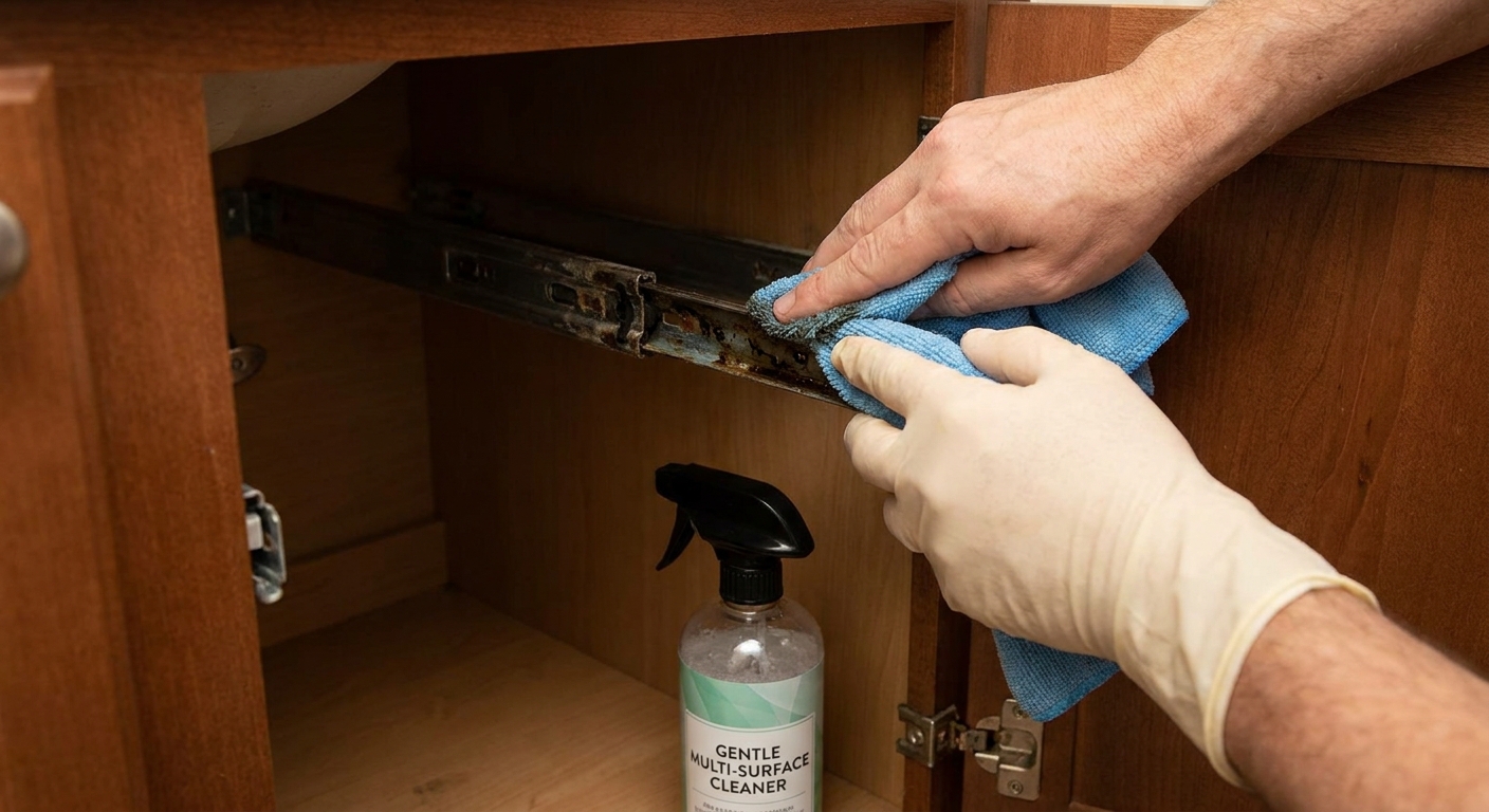 A real photo of hands wiping grime from metal drawer slides inside a bathroom vanity with a microfiber cloth and gentle cleaner