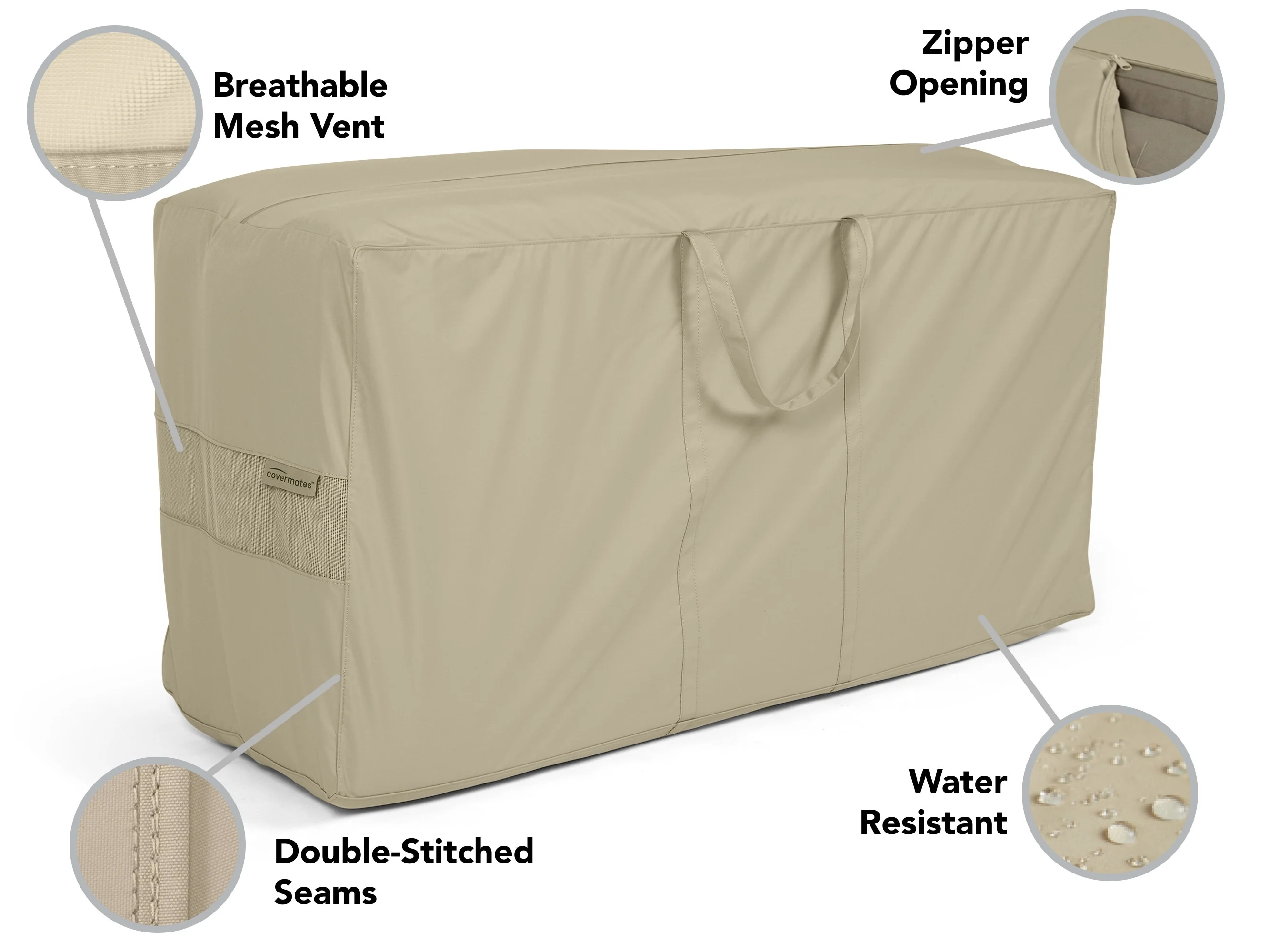 A real photo of outdoor seat cushions being placed into a large breathable zippered storage bag in a clean garage, with the bag resting on a shelf