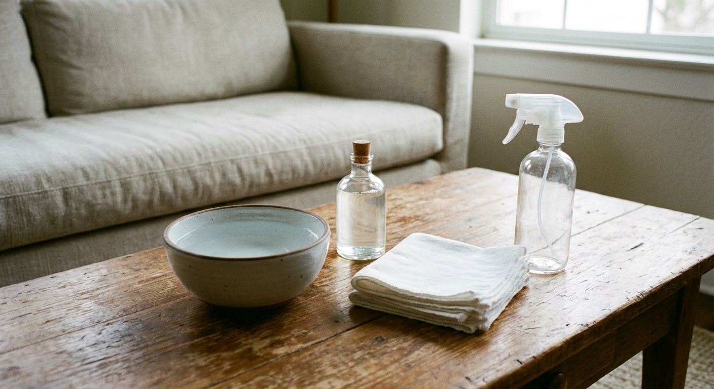 A real photo of simple upholstery stain-removal supplies on a wooden coffee table: cold water in a bowl, a small bottle of clear dish soap, white cloths, and a spray bottle