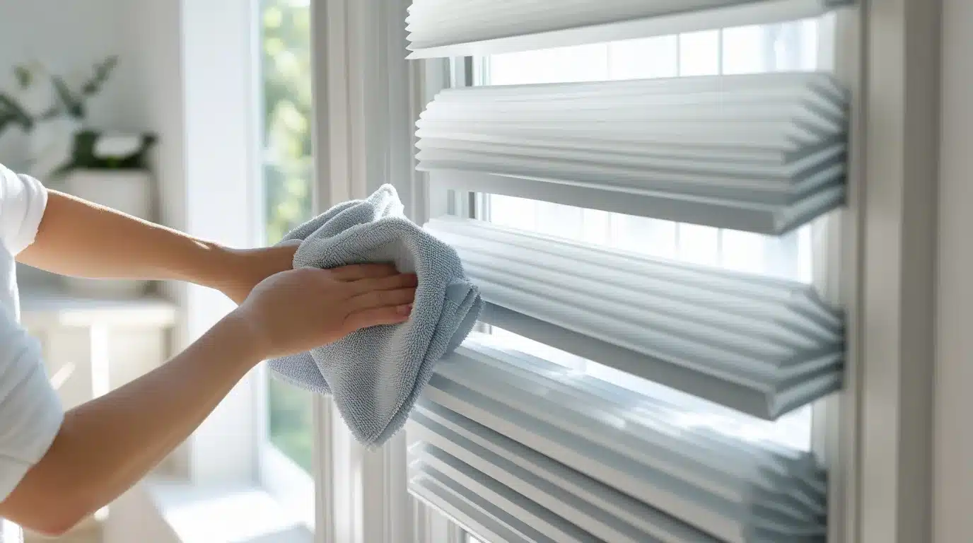 A real photo of someone blotting a small smudge on a light gray cellular honeycomb shade with a white microfiber cloth and then drying it with a second cloth