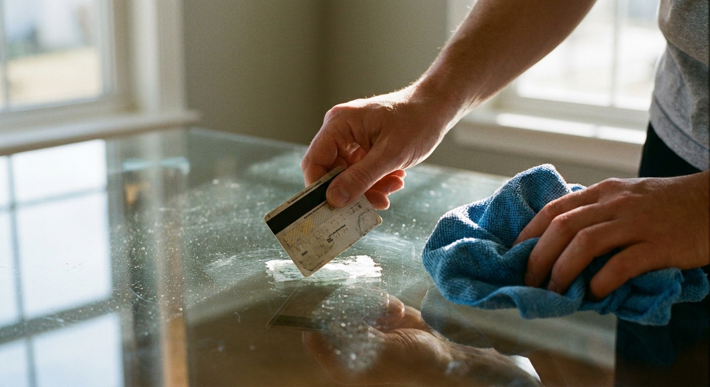 A real photo of someone gently scraping a small sticker residue patch on a glass tabletop with a plastic card while holding a microfiber cloth nearby