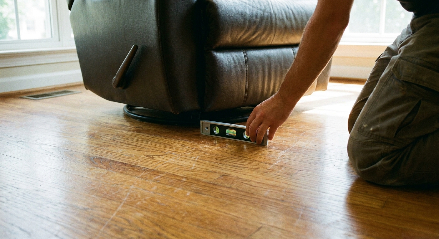 A real photo of someone holding a small bubble level on a hardwood floor next to a recliner base, checking for an uneven spot
