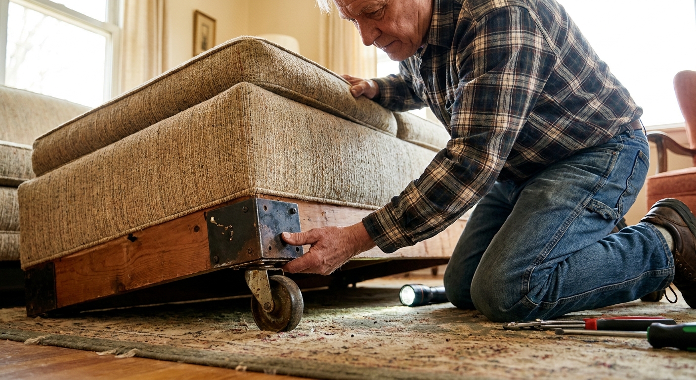 A real photo of someone kneeling and inspecting the underside of a sofa, focusing on a metal caster and its mounting point, indoor ambient light