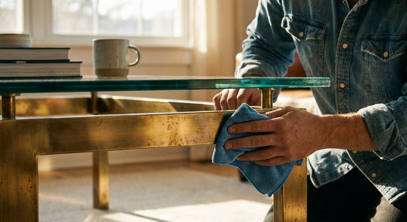 A real photo of someone wiping a brass-toned metal coffee table base with a microfiber cloth while the glass top sits above, close-up detail in warm indoor light