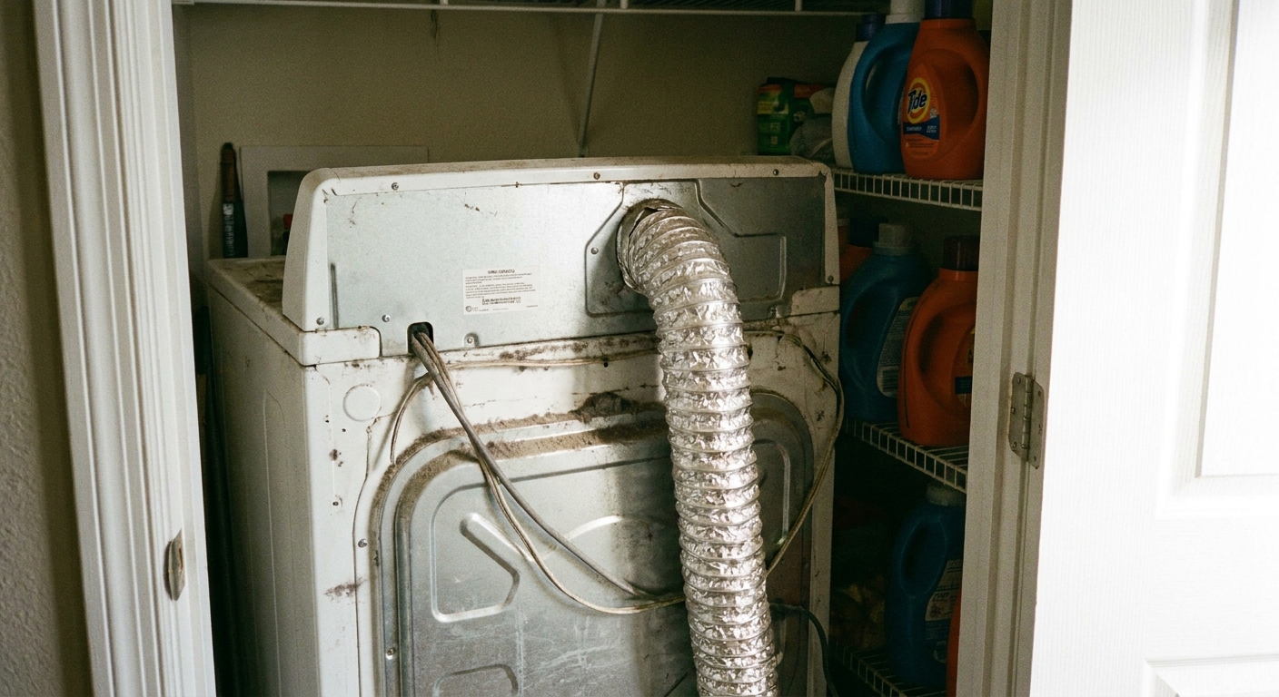 A real photo of the back of a clothes dryer in a tight laundry closet with a visibly kinked vent hose