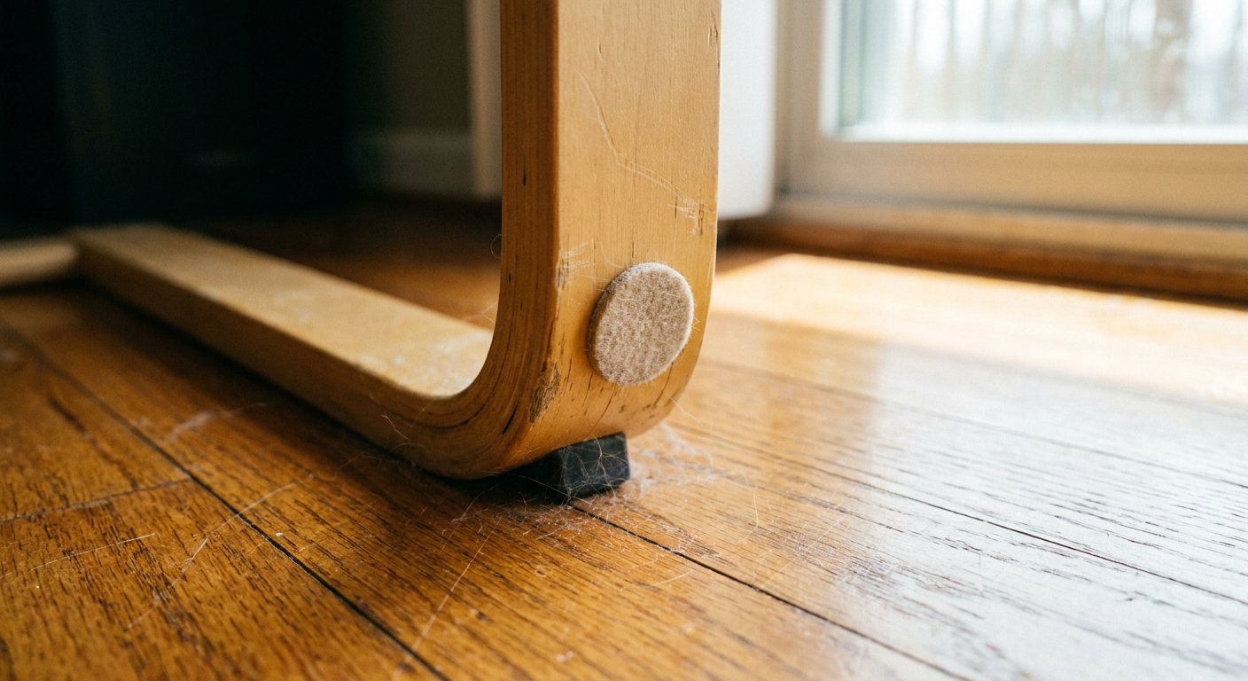 A real photo of the bottom of a POÄNG chair leg with a round felt pad attached, resting on a warm-toned hardwood floor