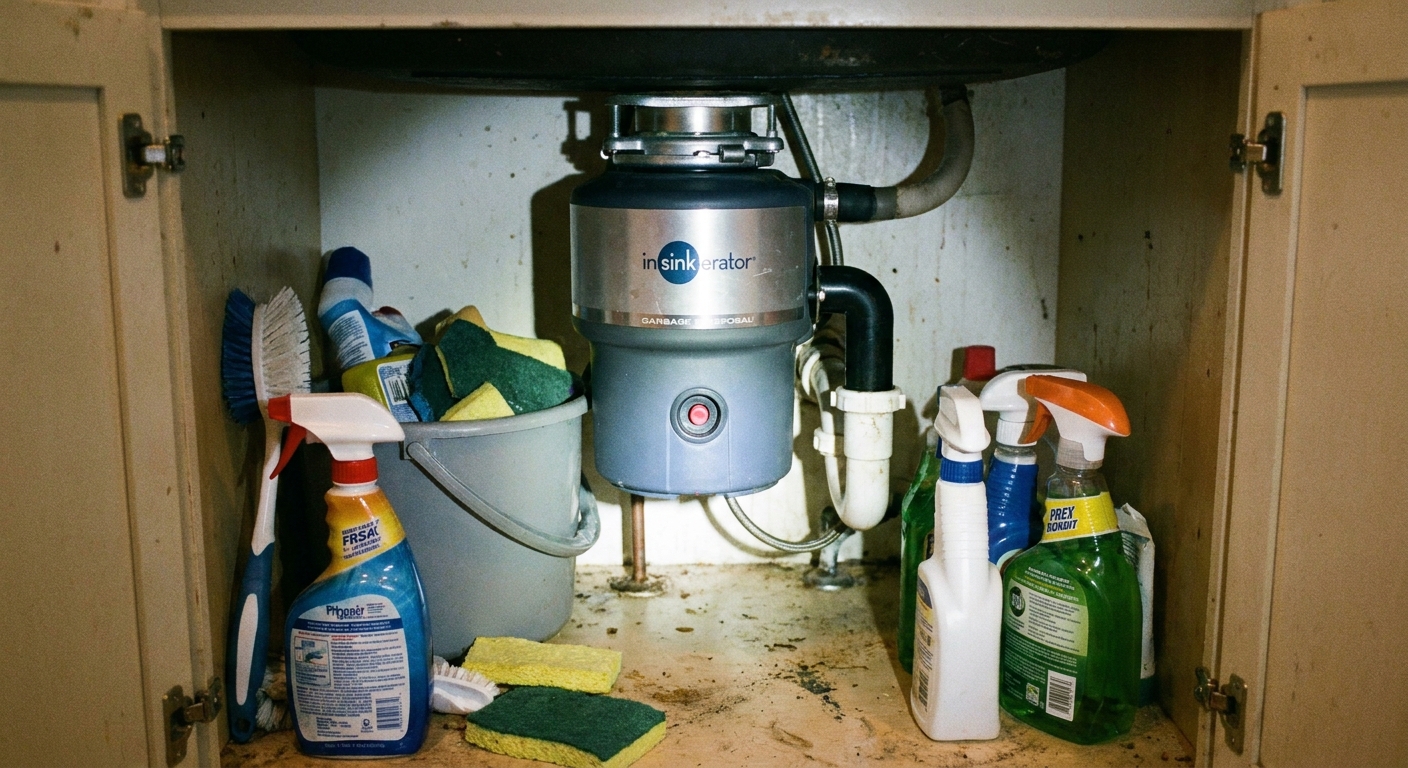A real photo of the underside of a kitchen sink showing a standard garbage disposal with the red reset button visible, with cleaning supplies pushed aside