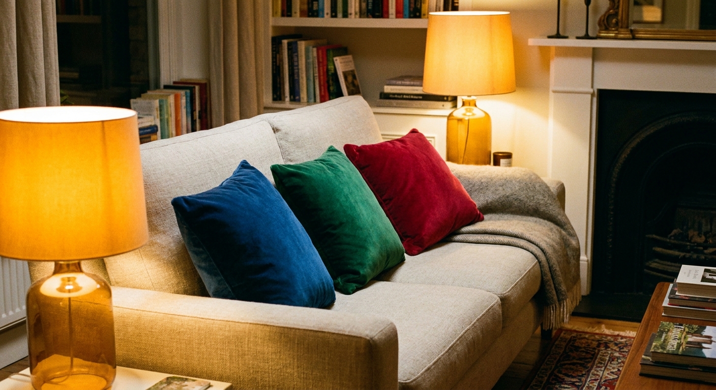 A real photo of three velvet throw pillows in jewel tones arranged on a neutral sofa in a cozy living room, lit by a warm amber table lamp in the evening