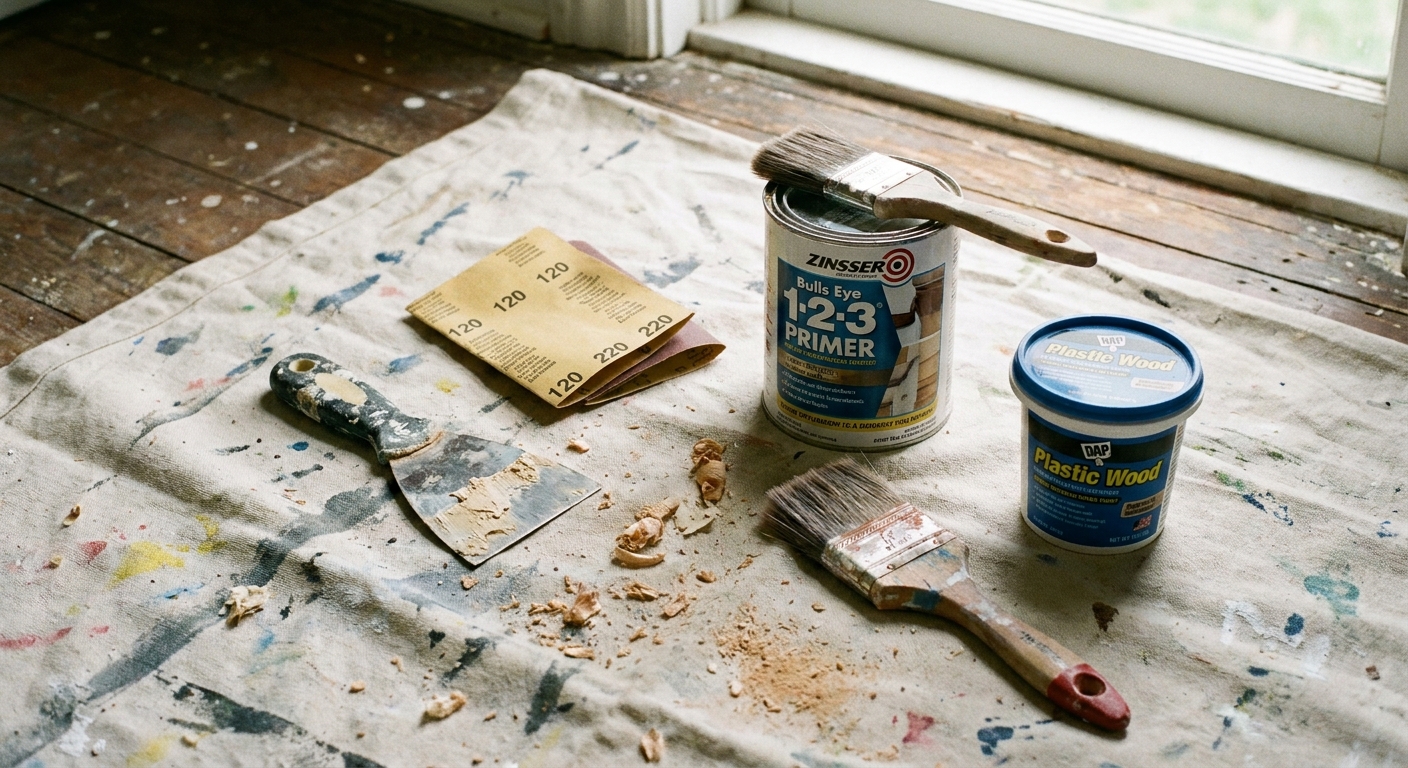 A real photo of trim repair supplies laid on a drop cloth: putty knife, sandpaper sheets, primer can, small paint brush, and wood filler