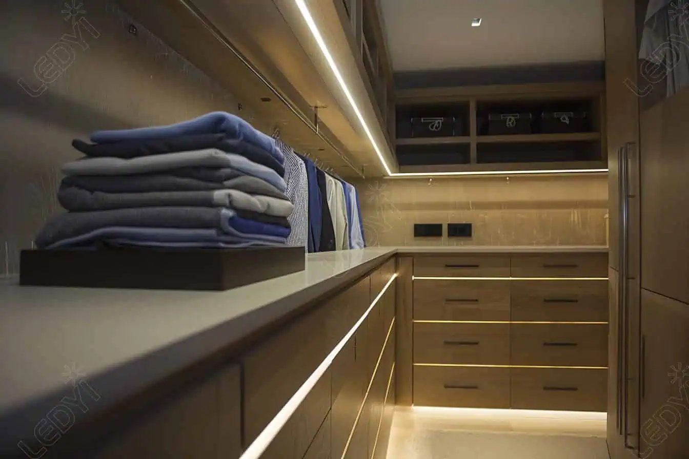 A real photo of warm white LED strip lighting installed under a white closet shelf, softly illuminating neatly folded jeans and knitwear