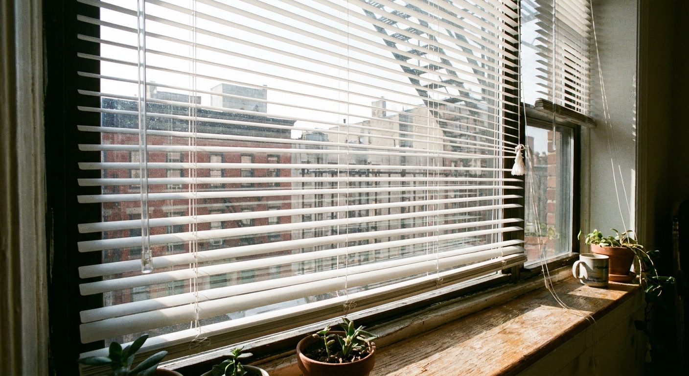A real photo of white aluminum mini blinds in an apartment window showing a clear tilt wand on one side and lift cords hanging beside it