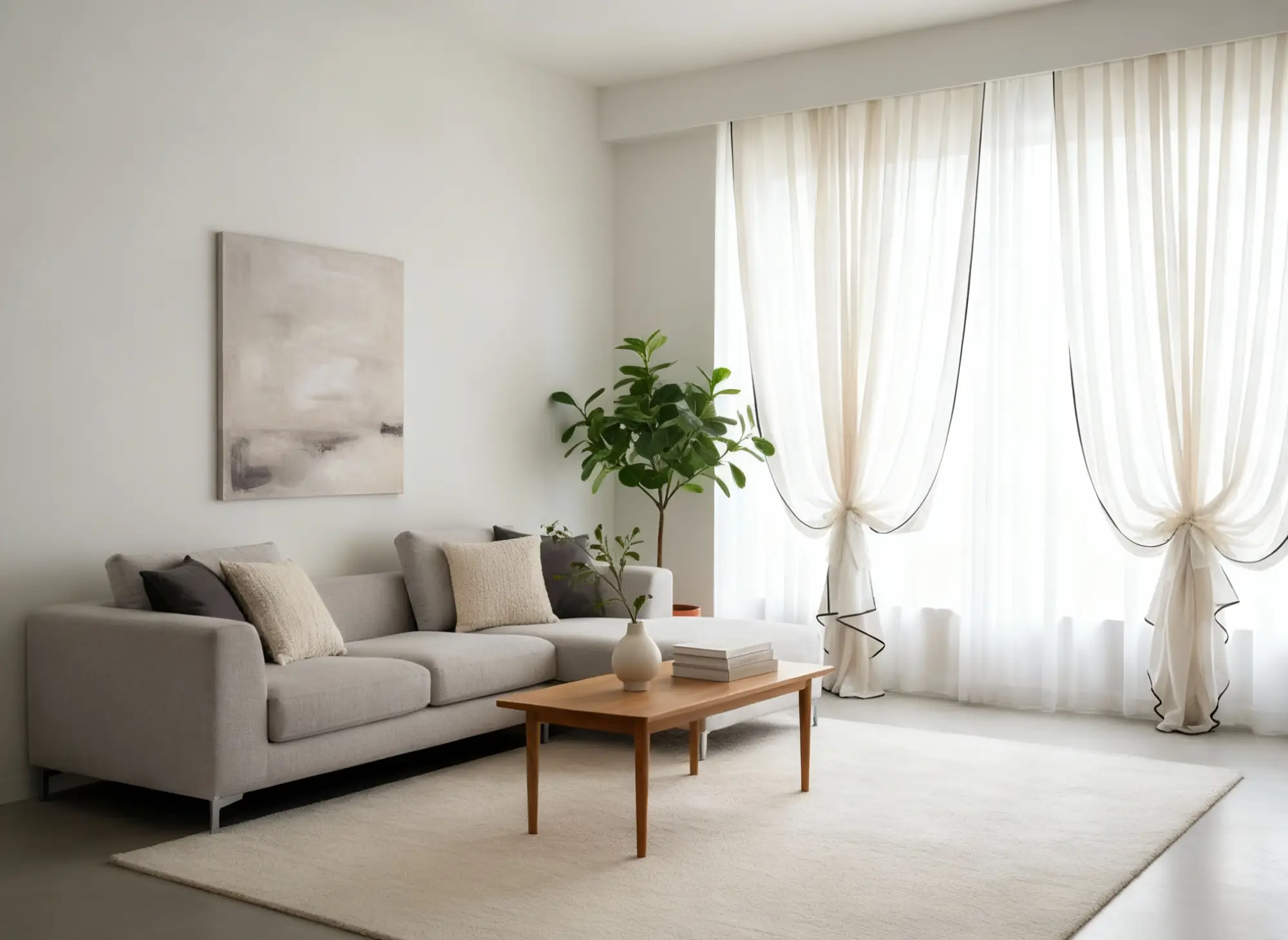 A real photo of white curtains hanging in a bright living room with sunlight streaming through a large window, highlighting the fabric texture